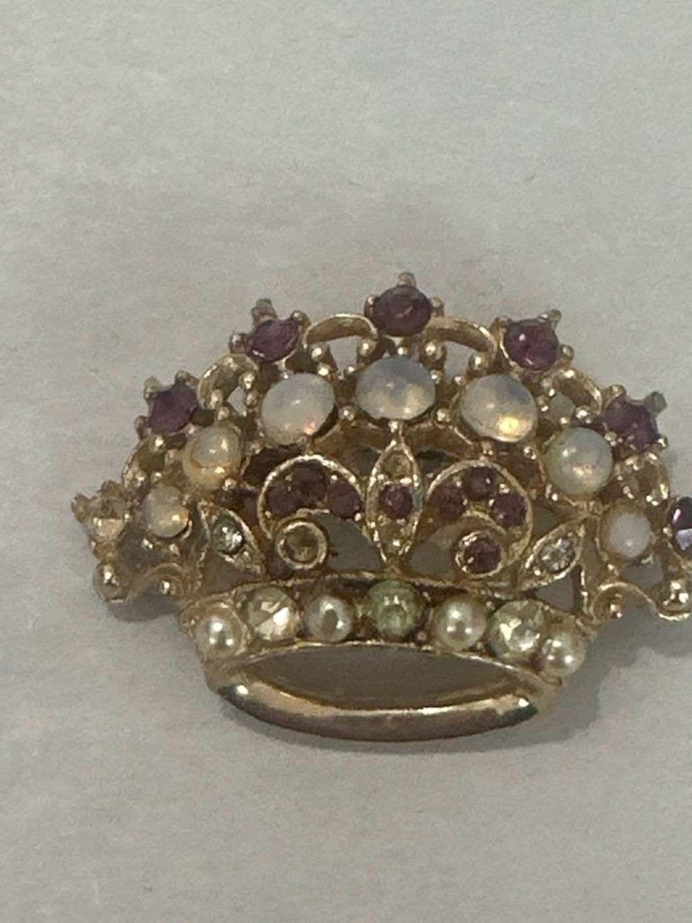 Gold-Tone Pearl & Opal Accent Crown Brooch — Purple and Cream